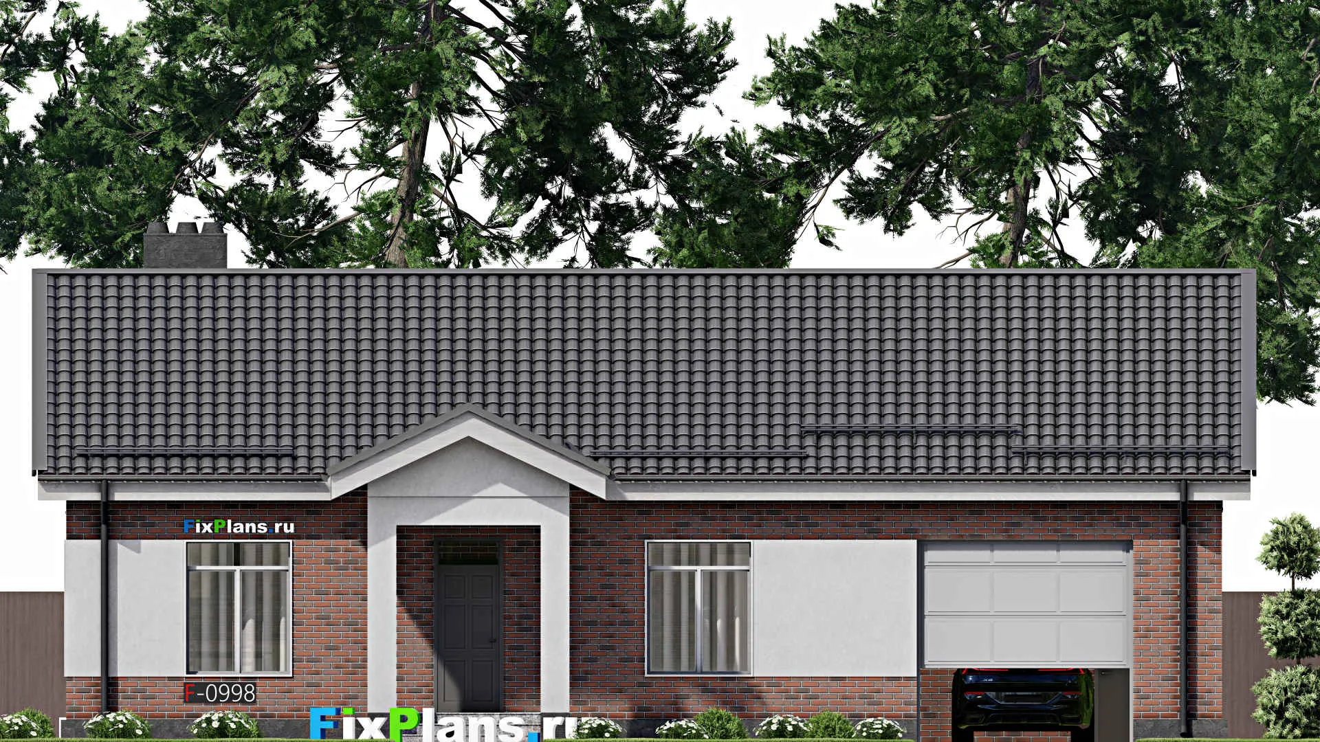 F-0998 - План одноэтажного дома 12 на 17, площадью 140 м² с гаражом на 1 машину и 3 спальнями