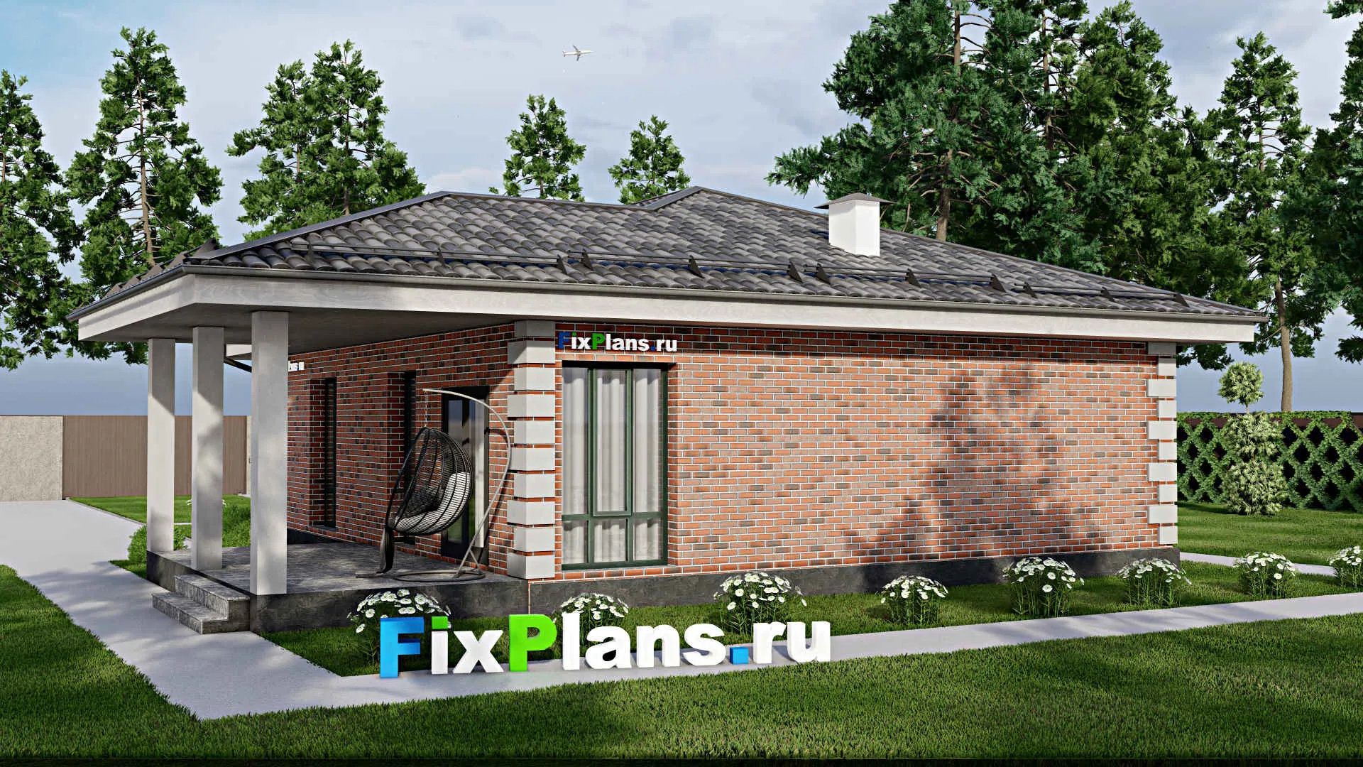 F-8828 - План одноэтажного дома 13 на 14, площадью 120 м² с террасой и 3 спальнями