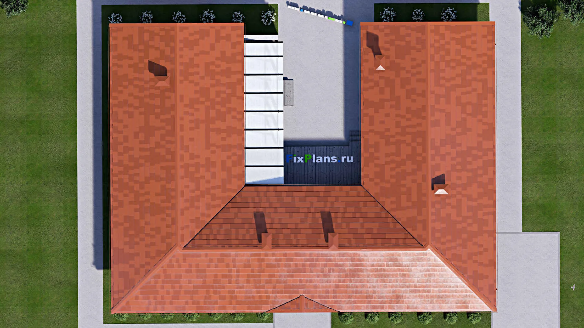 F-13895 - План одноэтажного дома 16 на 22, площадью 250 м² с террасой, баней и 3 спальнями