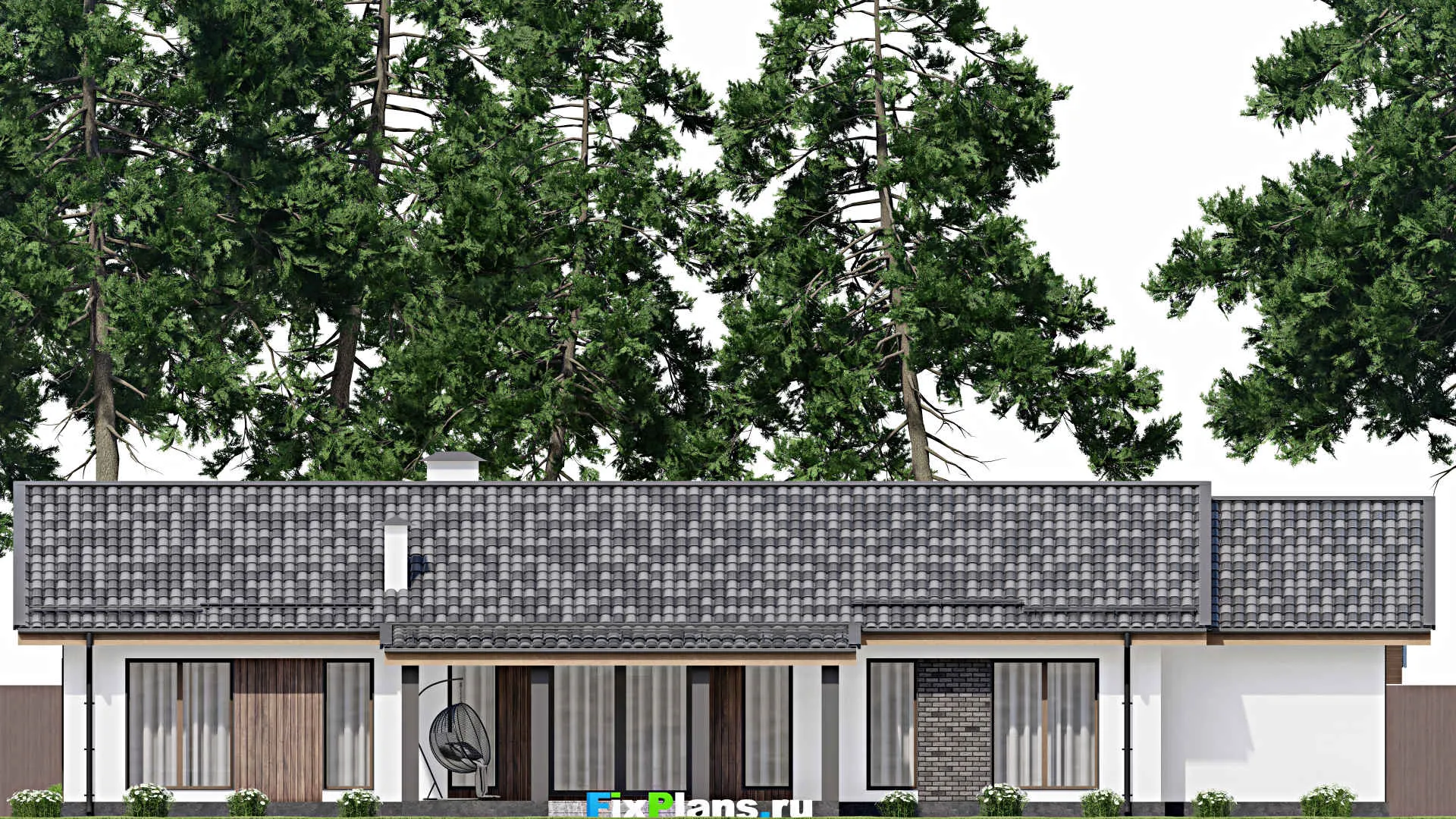 F-10709 - План одноэтажного дома 18 на 23, площадью 230 м² с террасой, гаражом на 1 машину и 3 спальнями