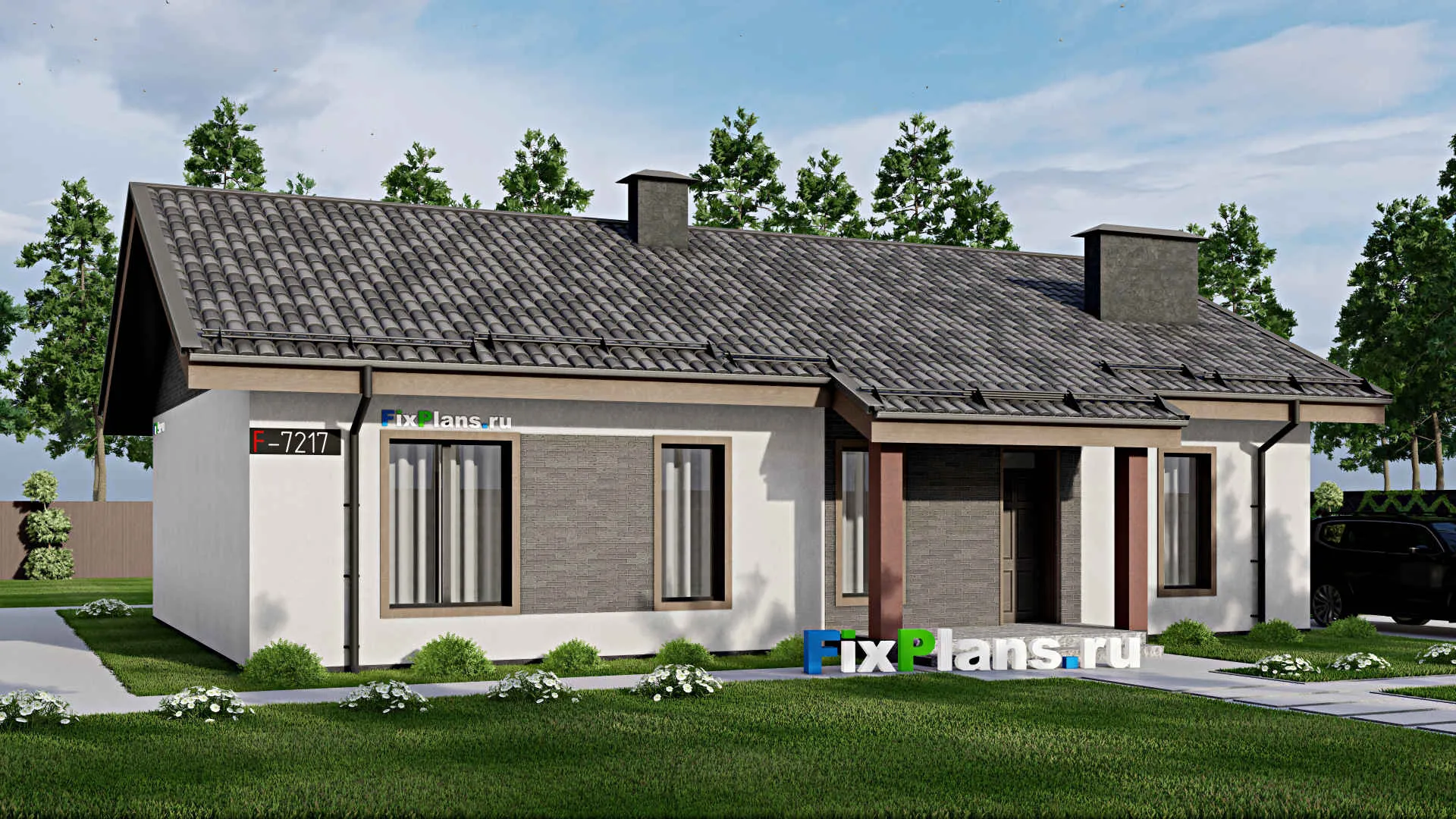 F-7217 - Проект одноэтажного дома 11 на 16, площадью 160 м² с террасой и 3 спальнями