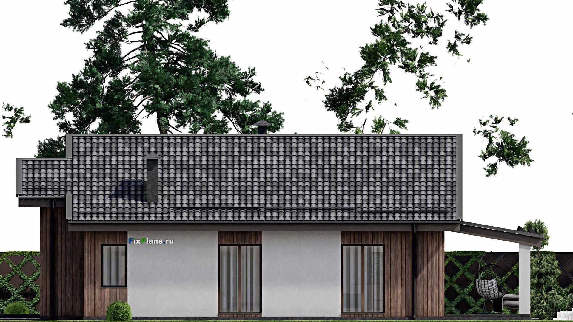 F-6299 - Проект одноэтажного дома 11 на 14, площадью 140 м² с террасой и 3 спальнями