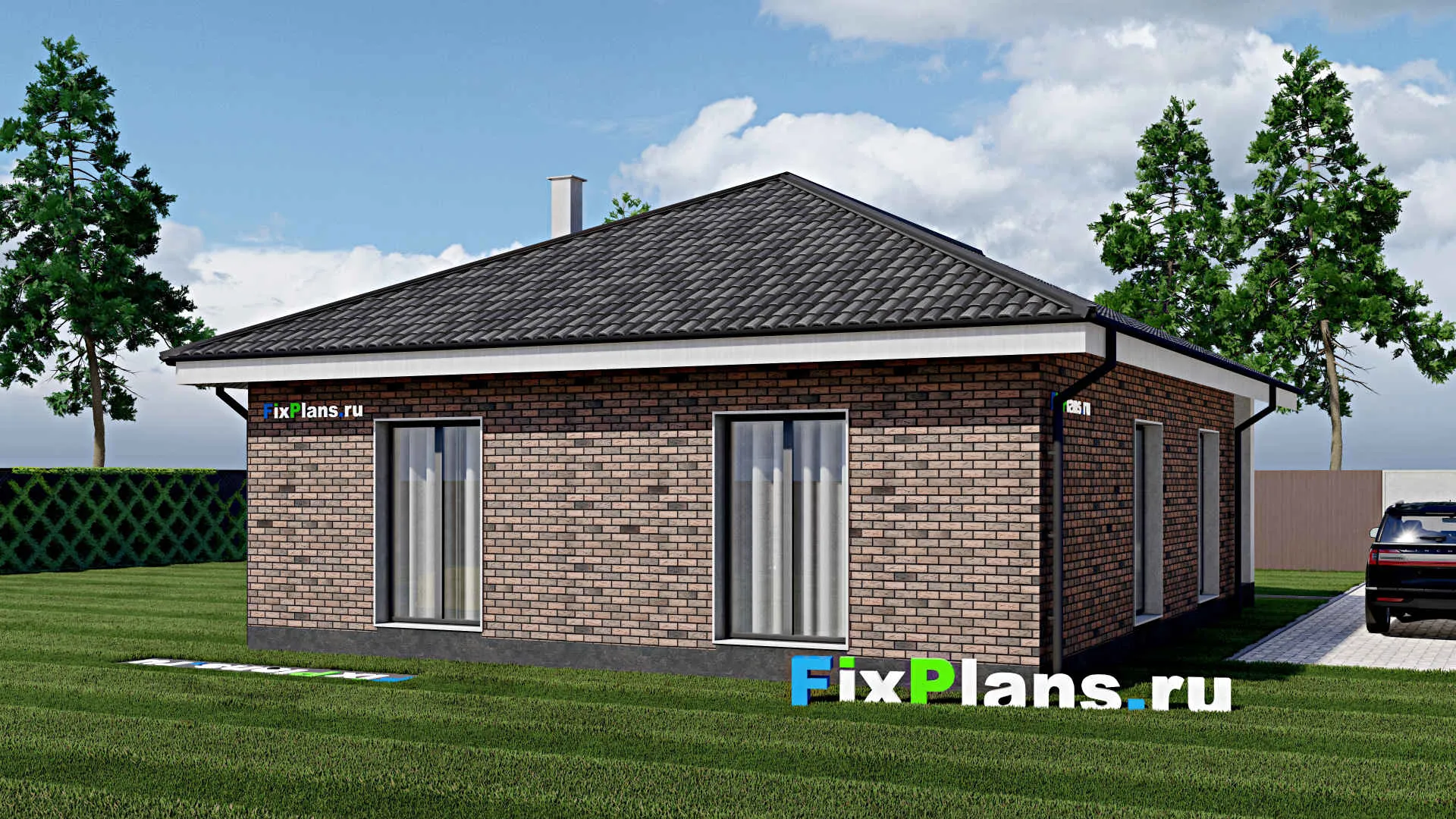 F-1277 - План одноэтажного дома 11 на 12, площадью 120 м² с террасой и 3 спальнями