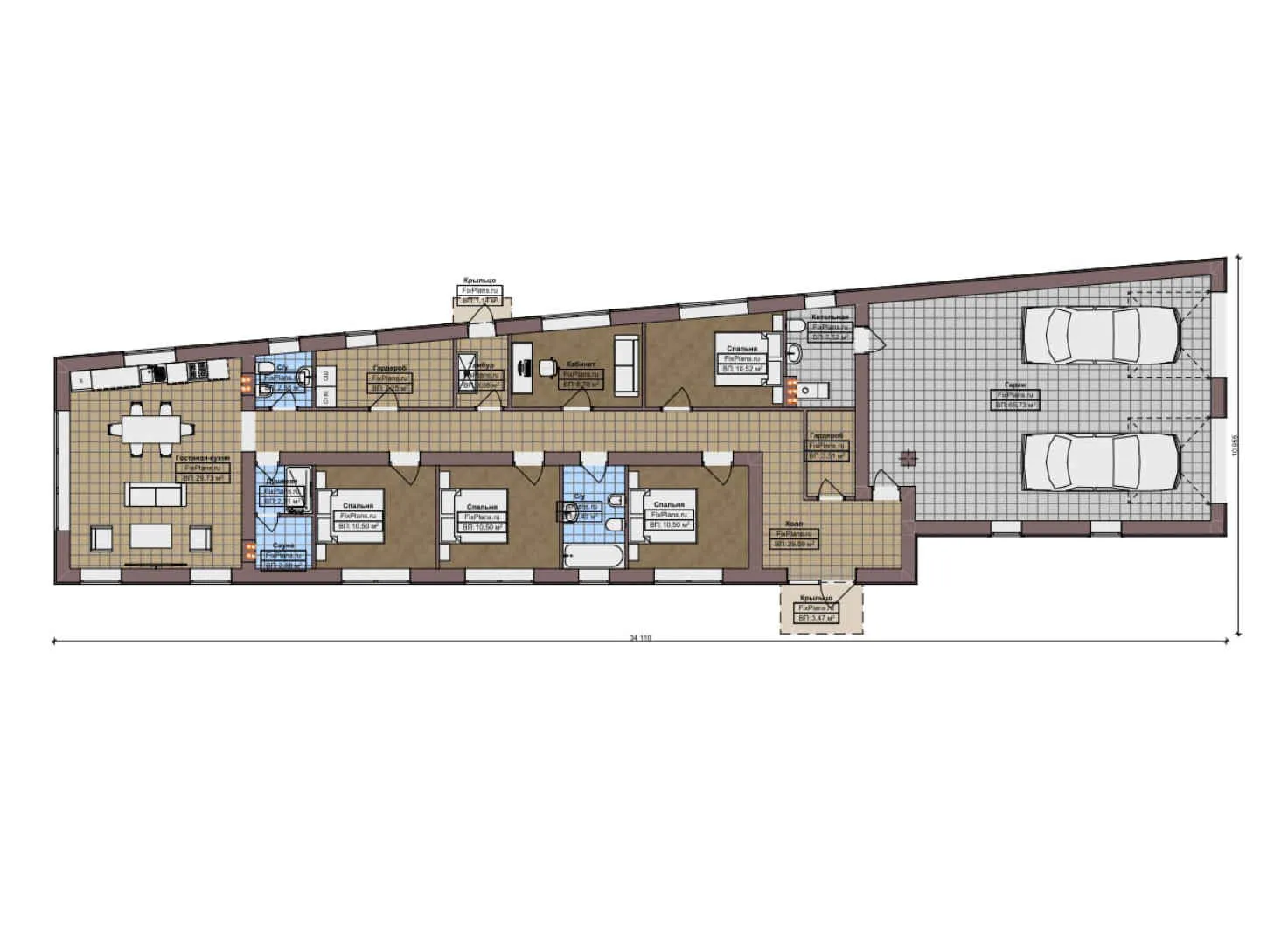 F-10007 - План одноэтажного дома 11 на 35, площадью 220 м² с баней, гаражом на 2 машины и 4 спальнями