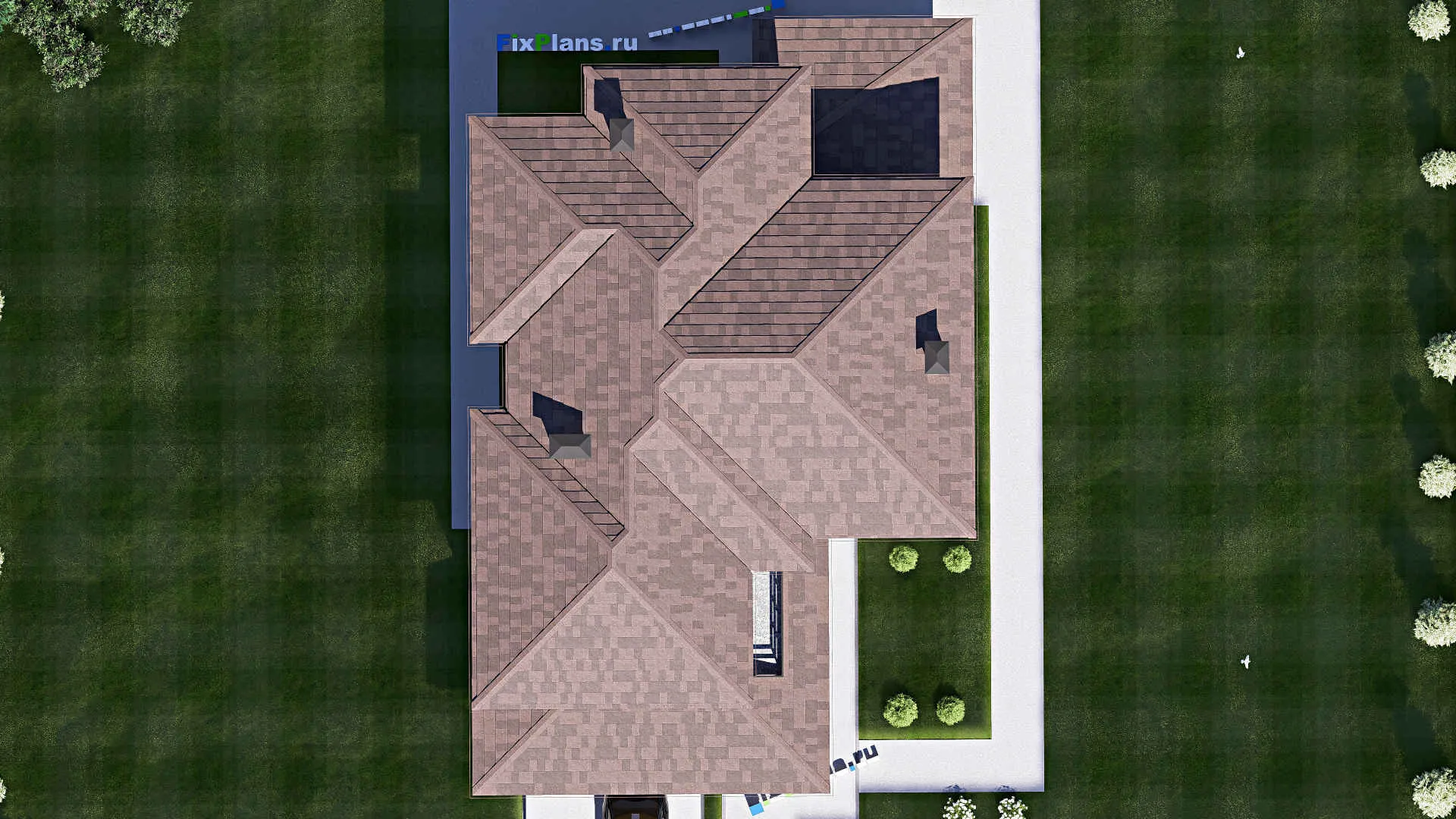 F-17252 - Проект двухэтажного дома 13 на 21, площадью 280 м² с террасой, балконом, баней, гаражом на 2 машины и 3 спальнями