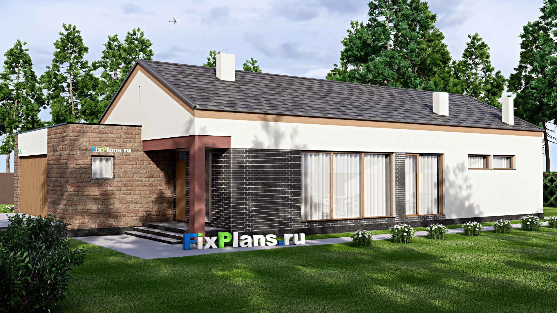 F-16217 - Проект одноэтажного дома 13 на 23, площадью 240 м² с террасой, гаражом на 2 машины и 4 спальнями