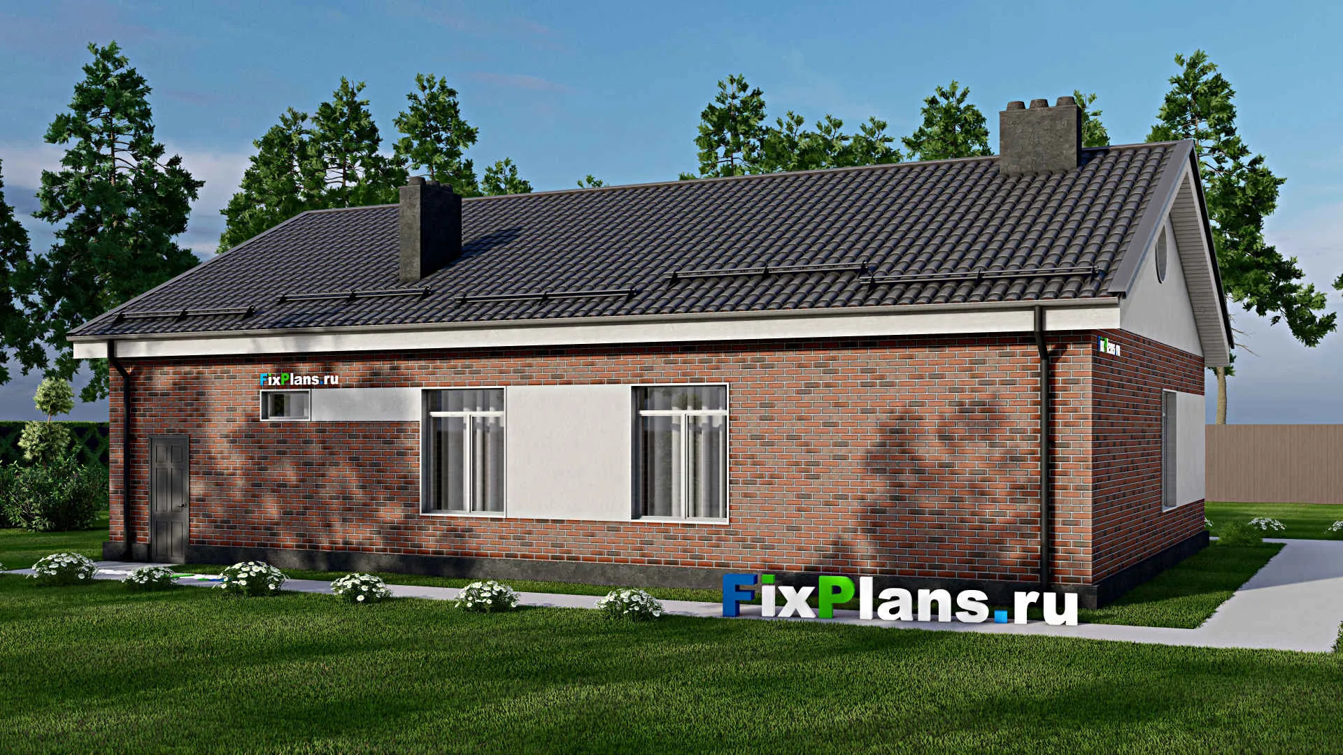 F-0998 - План одноэтажного дома 12 на 17, площадью 140 м² с гаражом на 1 машину и 3 спальнями