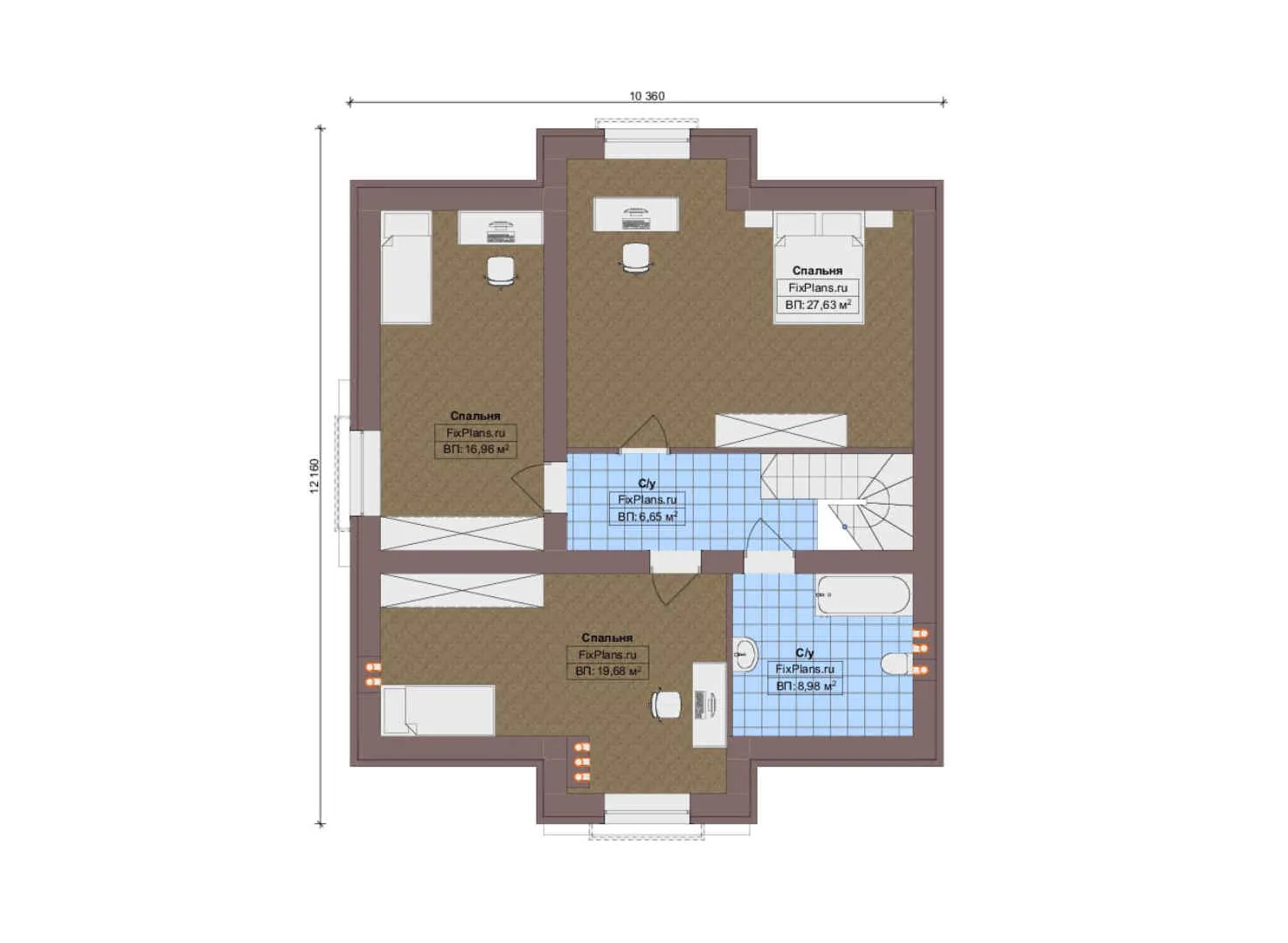 F-13220 - Планы дома с мансардой 11 на 13, площадью 200 м² с террасой и 3 спальнями