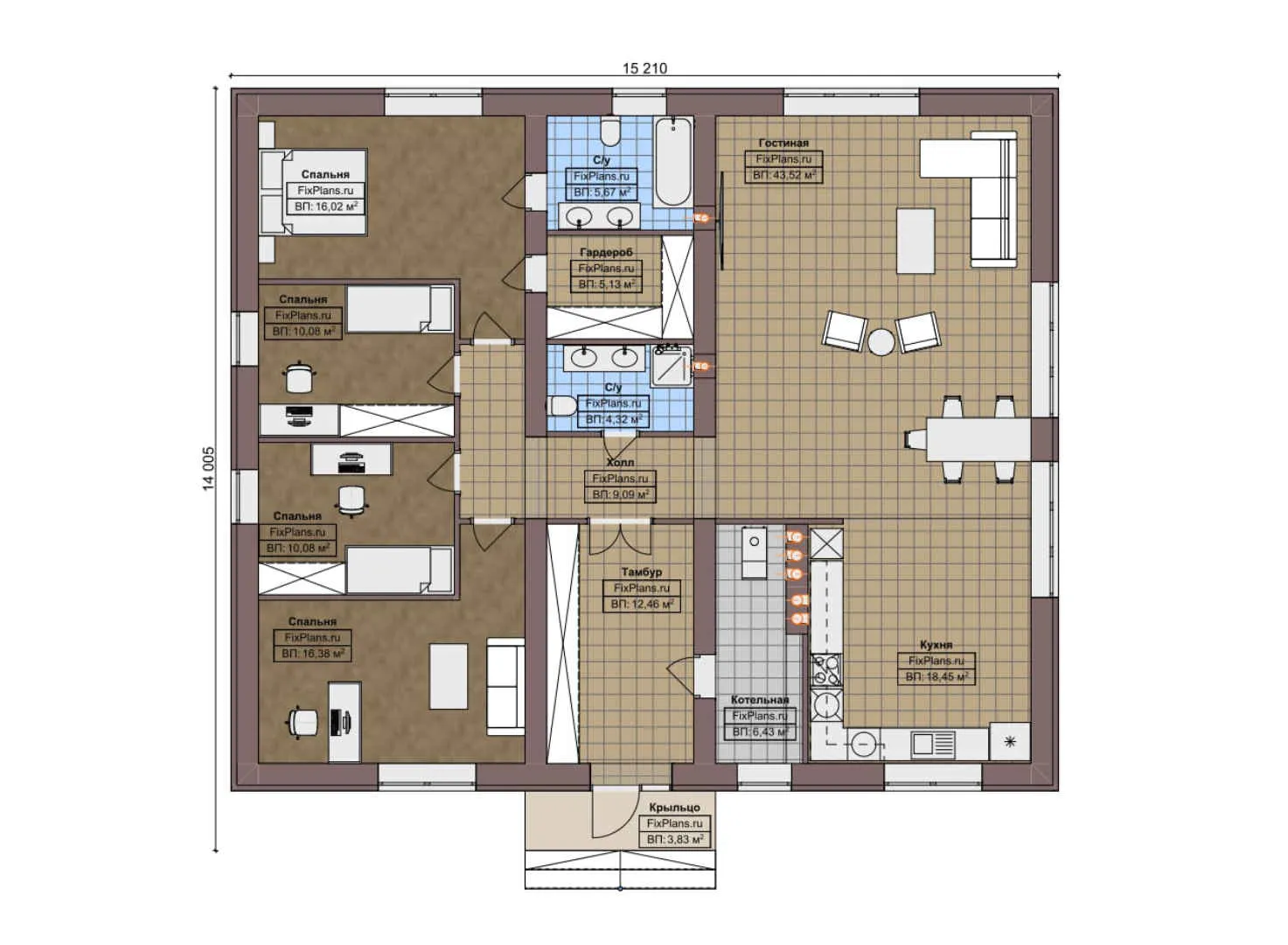 F-7127 - План одноэтажного дома 15 на 16, площадью 170 м² с 4 спальнями