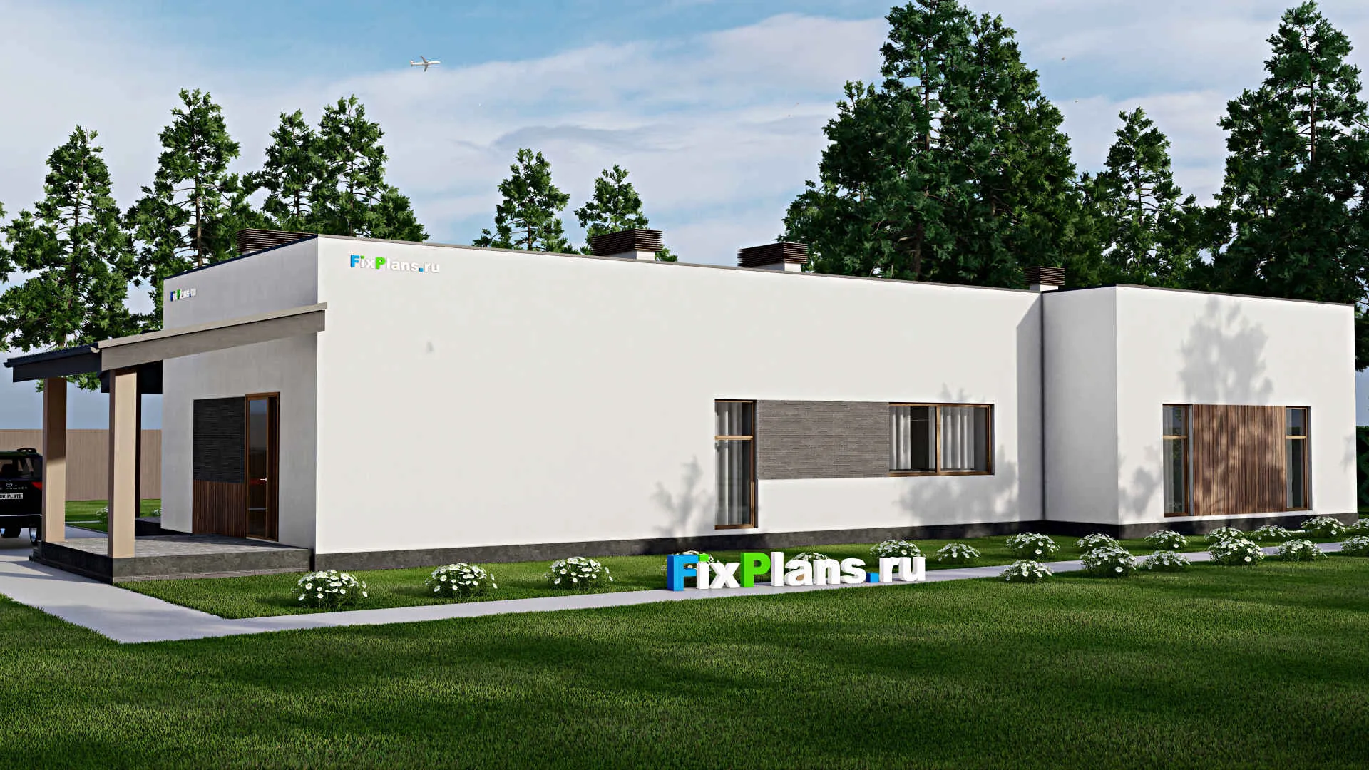 F-9485 - Проект одноэтажного дома 14 на 29, площадью 260 м² с террасой, баней и 3 спальнями