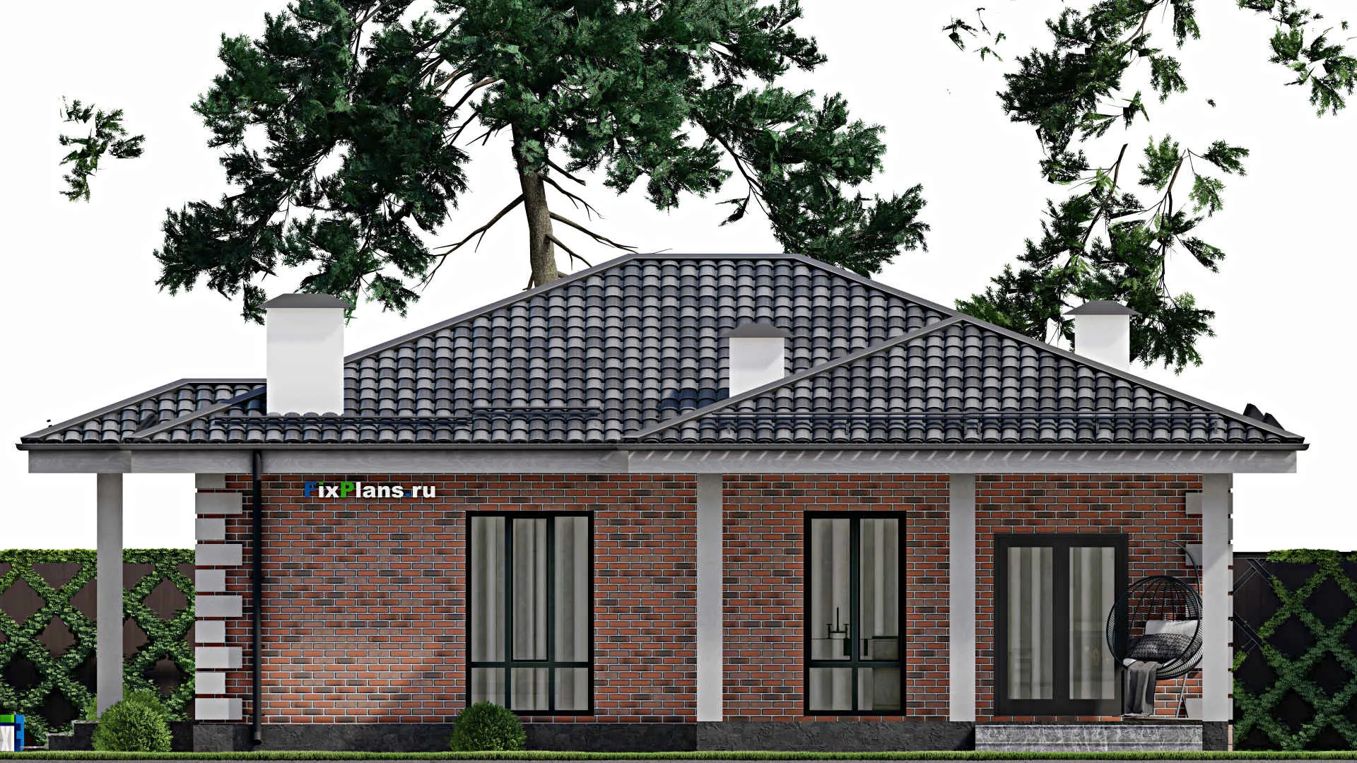 F-8828 - План одноэтажного дома 13 на 14, площадью 120 м² с террасой и 3 спальнями