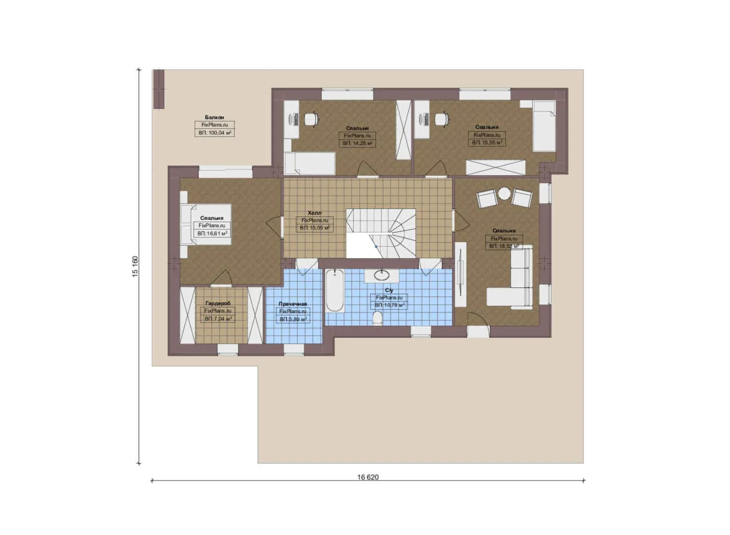 F-15866 - Планы двухэтажного дома 16 на 17, площадью 410 м² с террасой, балконом, гаражом на 2 машины и 4 спальнями