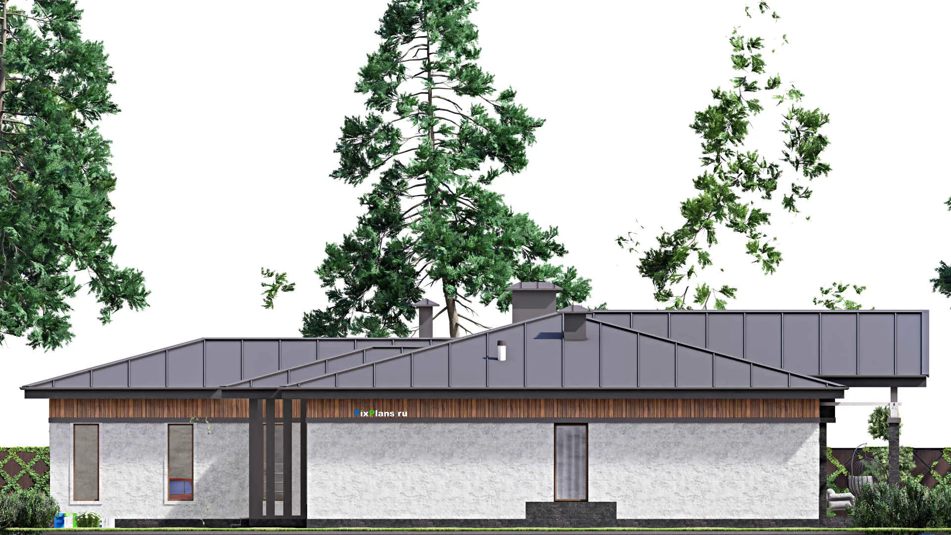 F-15281 - План одноэтажного дома 23 на 25, площадью 410 м² с террасой, баней, гаражом на 2 машины и 3 спальнями