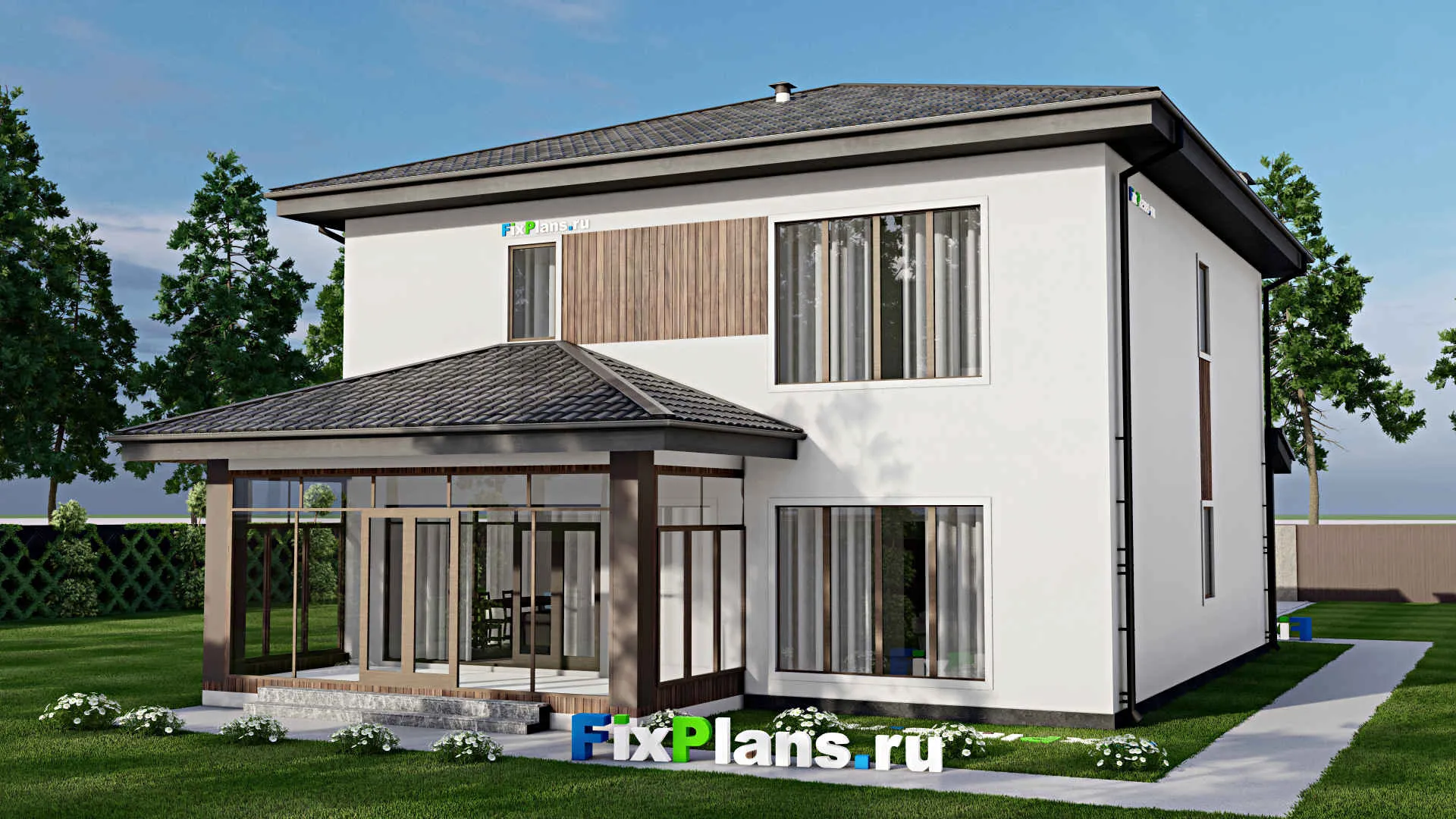 F-9584 - Планы двухэтажного дома 13 на 17, площадью 280 м² с террасой, балконом и 3 спальнями