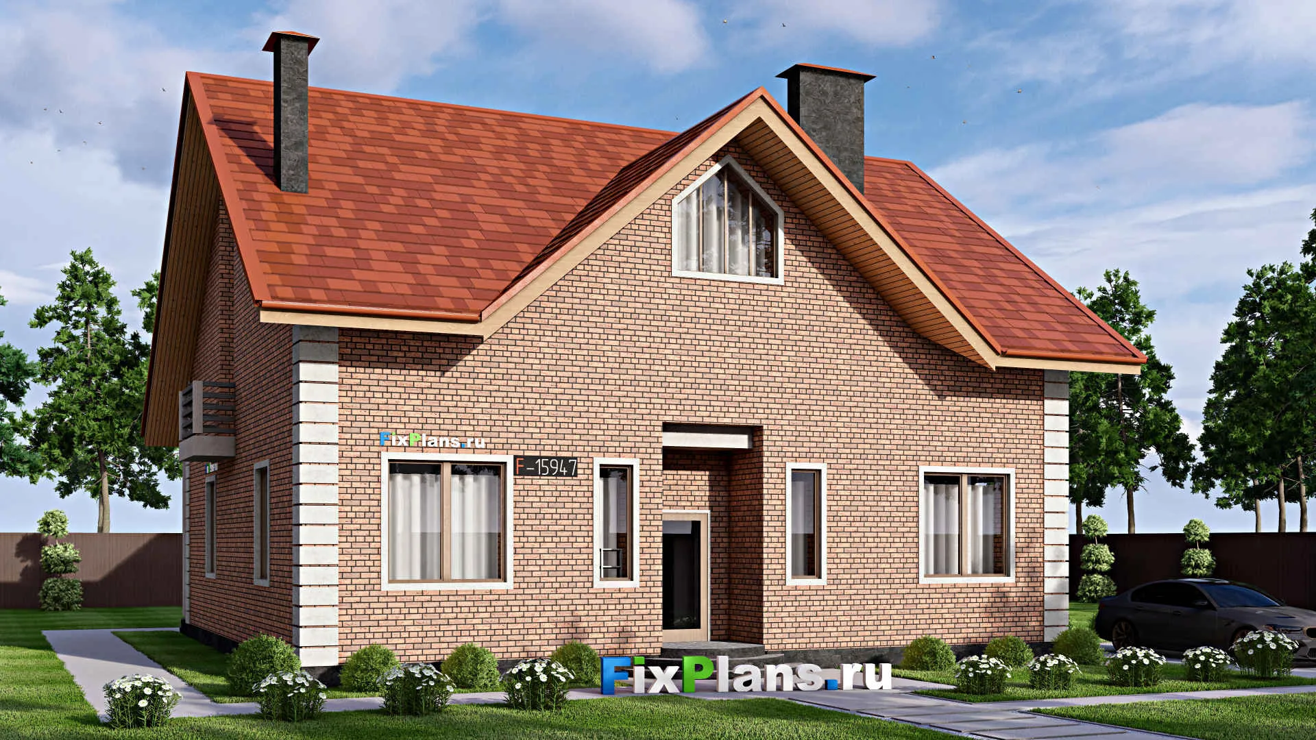 F-15947 - Проект дома с мансардой 14 на 15, площадью 280 м² с террасой, балконом и 4 спальнями