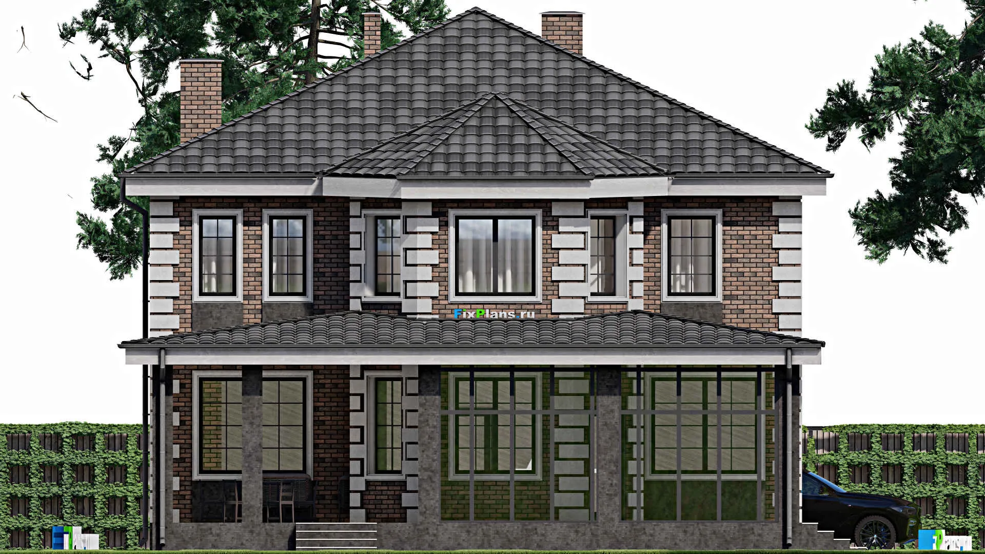 F-1529 - Проект двухэтажного дома 12 на 20, площадью 350 м² с террасой, балконом, спортзалом и 2 спальнями