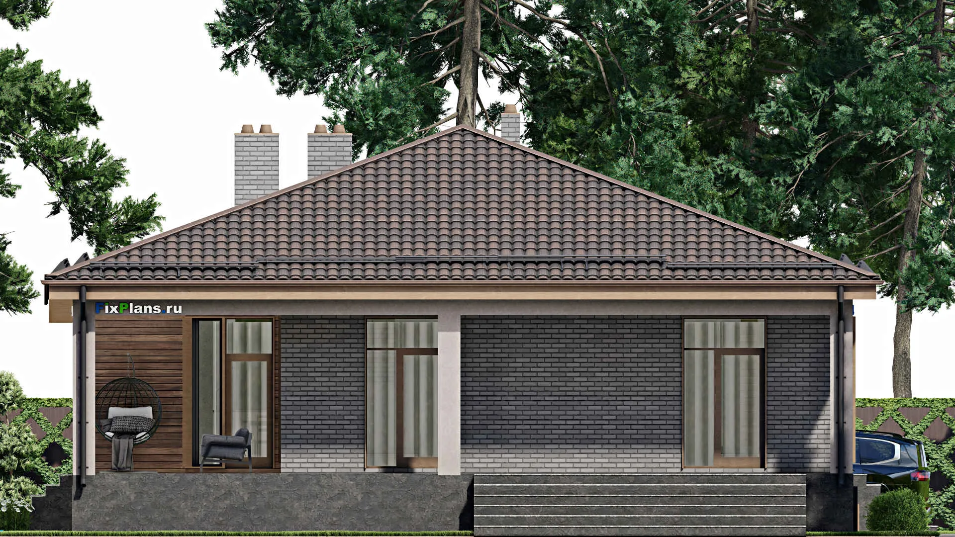 F-8243 - Проект одноэтажного дома 14 на 20, площадью 290 м² с террасой, цокольным этажом, гаражом на 1 машину и 3 спальнями