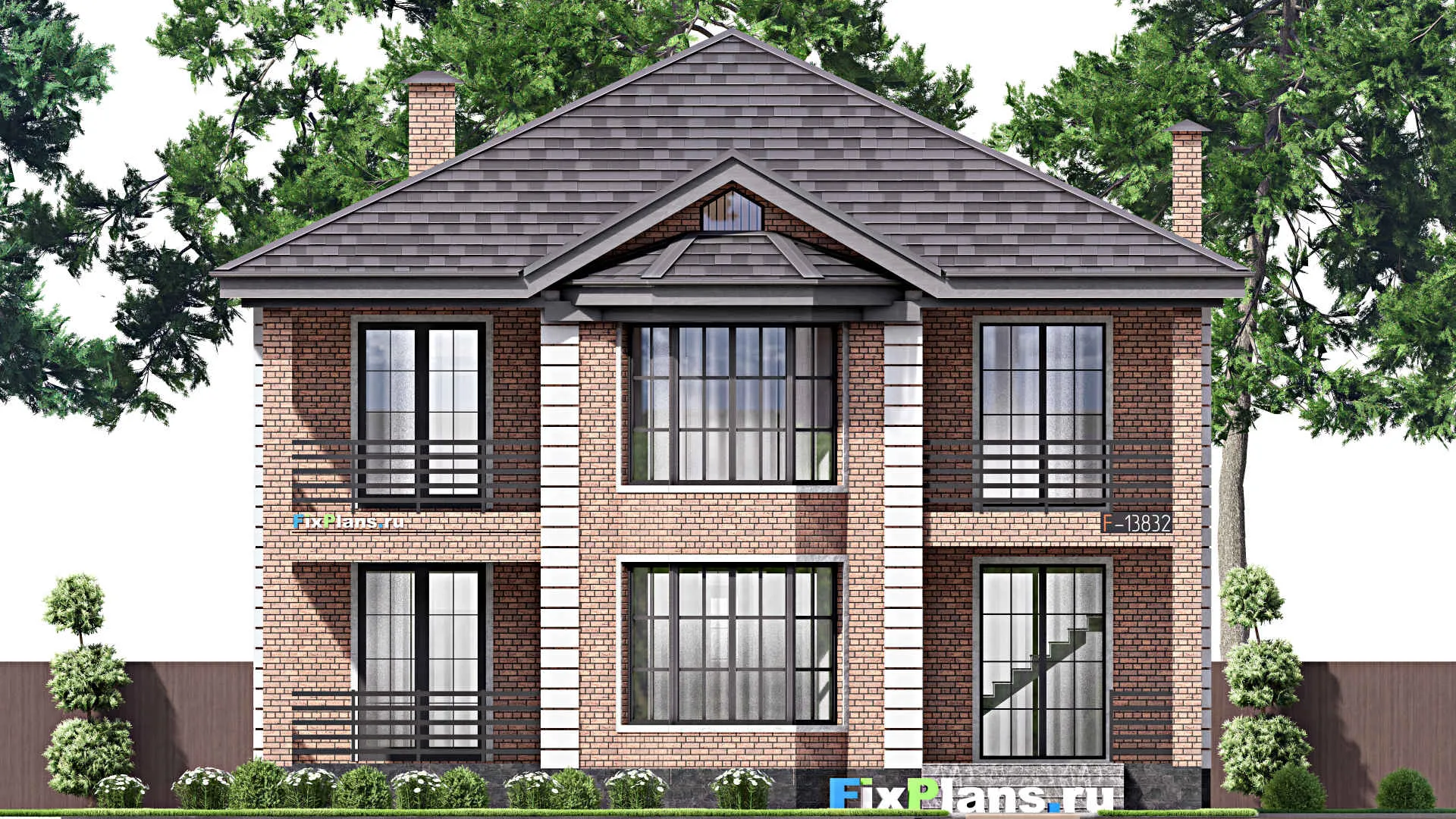 F-13832 - Проект двухэтажного дома 14 на 17, площадью 330 м² с террасой, балконом и 5 спальнями