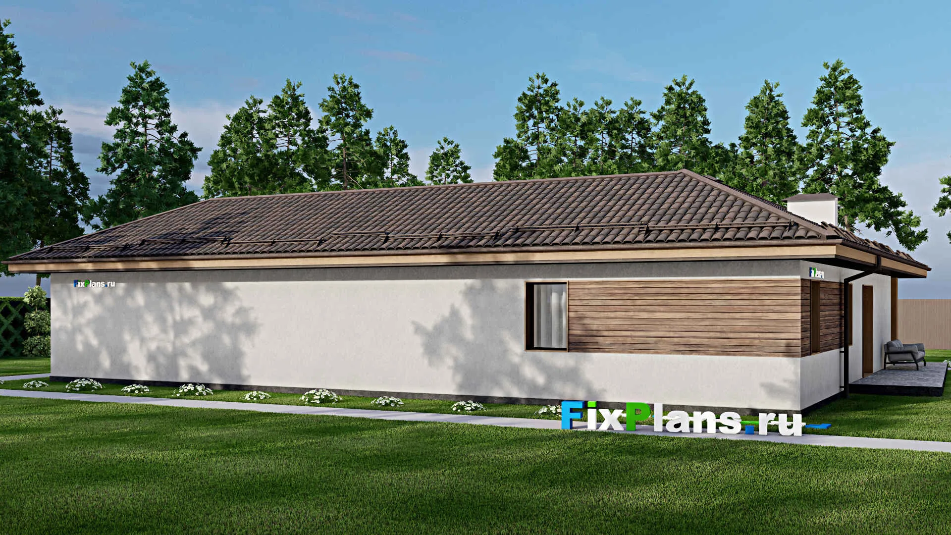 F-6308 - План одноэтажного дома 15 на 21, площадью 190 м² с террасой и 4 спальнями