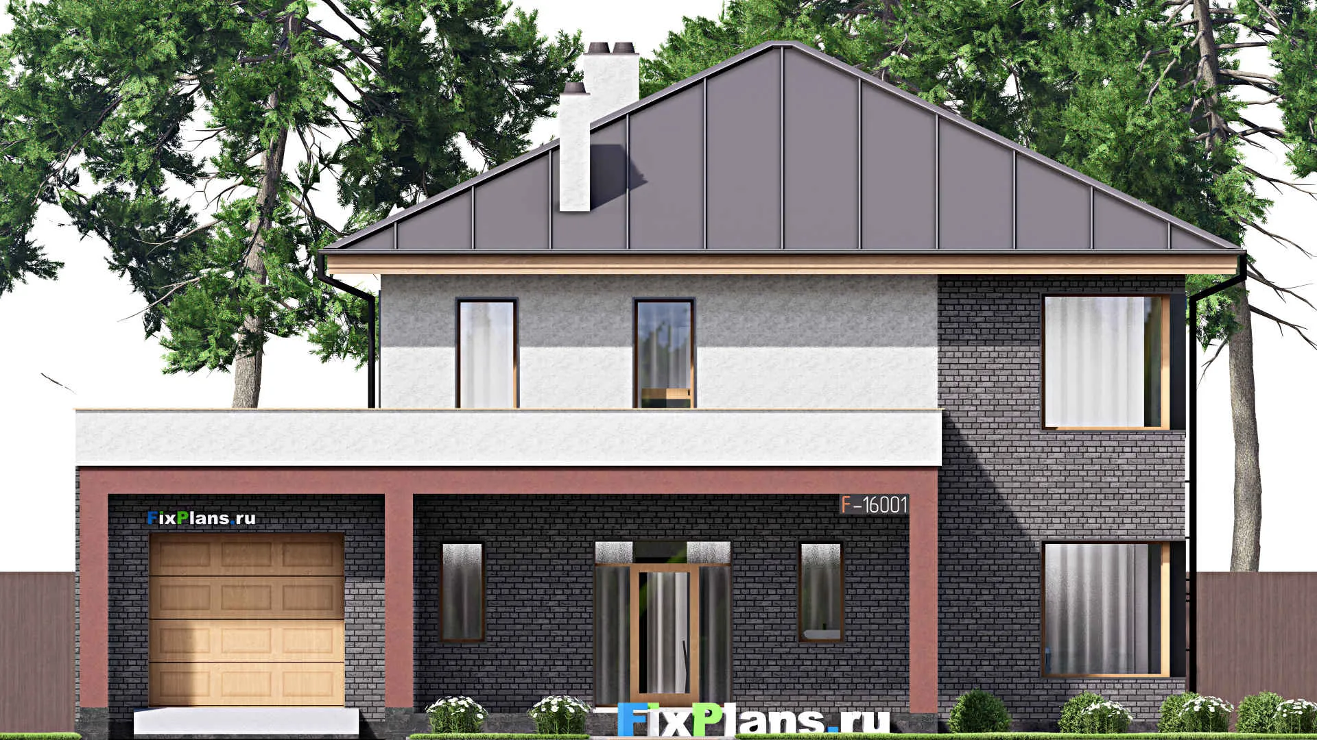 F-16001 - Планы двухэтажного дома 16 на 16, площадью 290 м² с террасой, балконом, гаражом на 1 машину и 4 спальнями