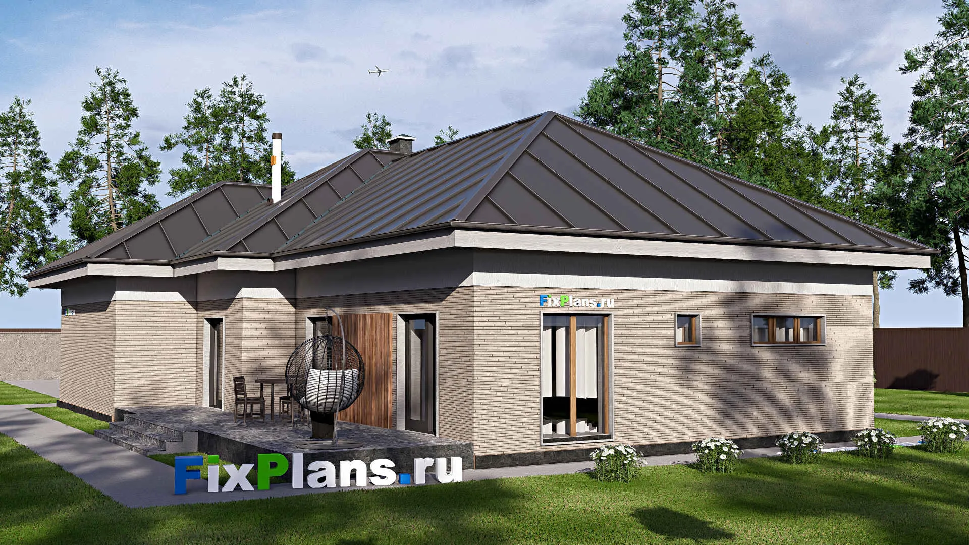 F-20402 - План одноэтажного дома 16 на 22, площадью 270 м² с террасой, гаражом на 1 машину и 3 спальнями