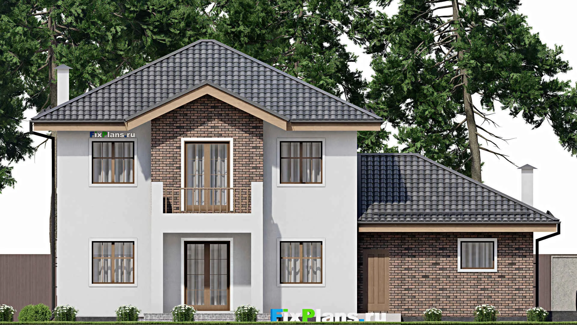 F-12338 - Планы двухэтажного дома 13 на 17, площадью 220 м² с террасой, балконом, гаражом на 2 машины и 3 спальнями