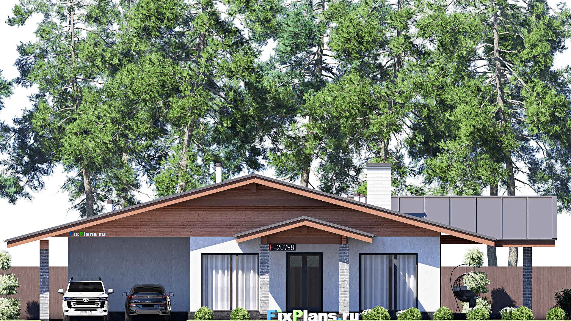 F-20798 - Проект одноэтажного дома 22 на 22, площадью 250 м² с террасой и 3 спальнями