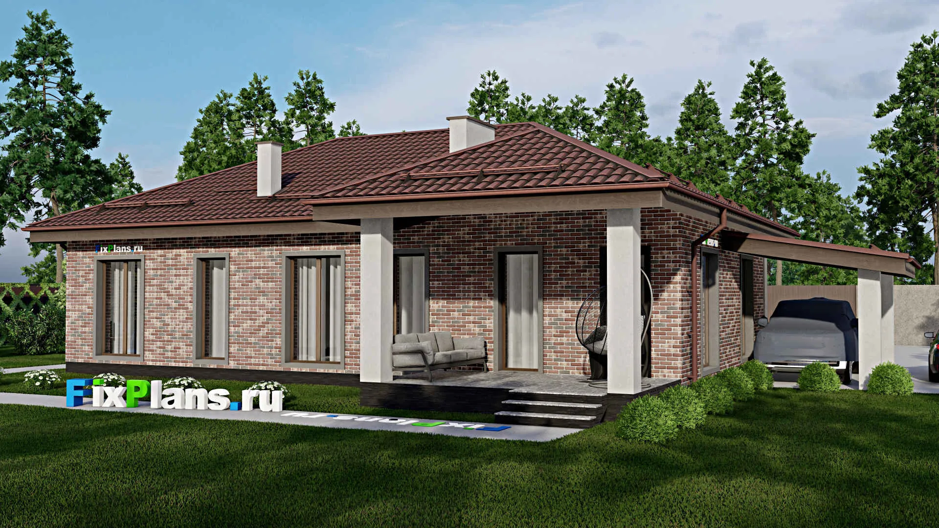 F-1610 - План одноэтажного дома 10 на 16, площадью 140 м² с террасой и 3 спальнями