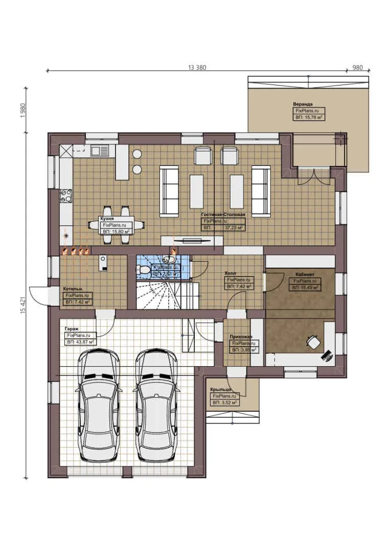 F-0764 - Планы двухэтажного дома 14 на 16, площадью 290 м² с террасой, балконом, гаражом на 2 машины и 2 спальнями