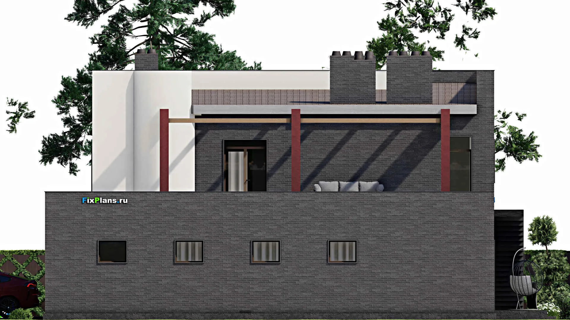 F-4985 - Проект двухэтажного дома 14 на 16, площадью 350 м² с террасой, балконом, баней, гаражом на 1 машину и 5 спальнями